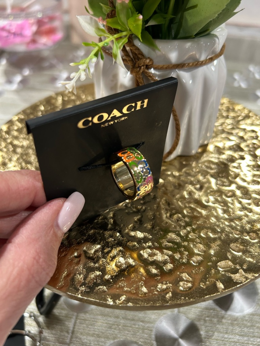 Coach Multicolor Enamel Signature Ring Gold Tone Wide Band 6.5”. NWT. - Picture 2 of 5